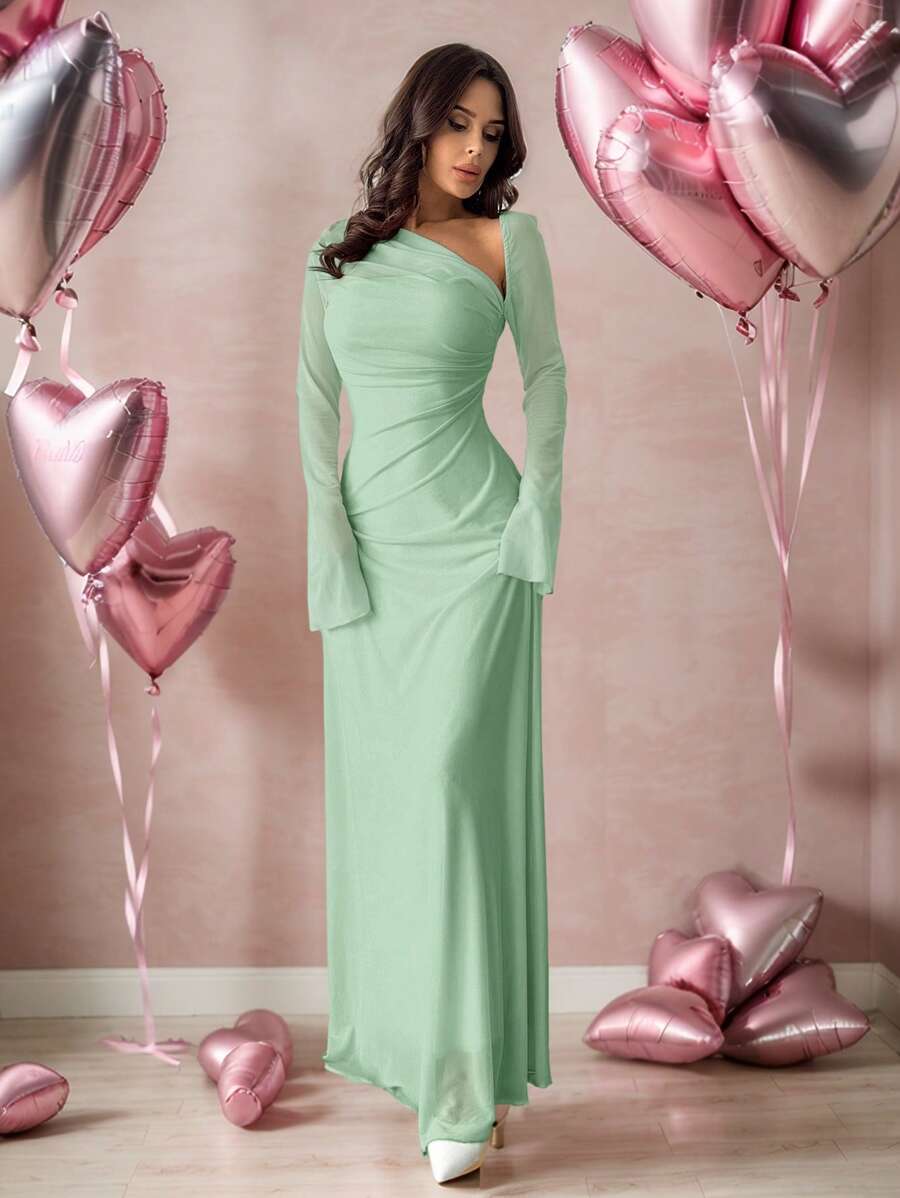 Firerie Robe longue asymétrique à épaules dégagées rose, élégante pour le domicile, les fêtes, les vacances, le printemps/été/automne