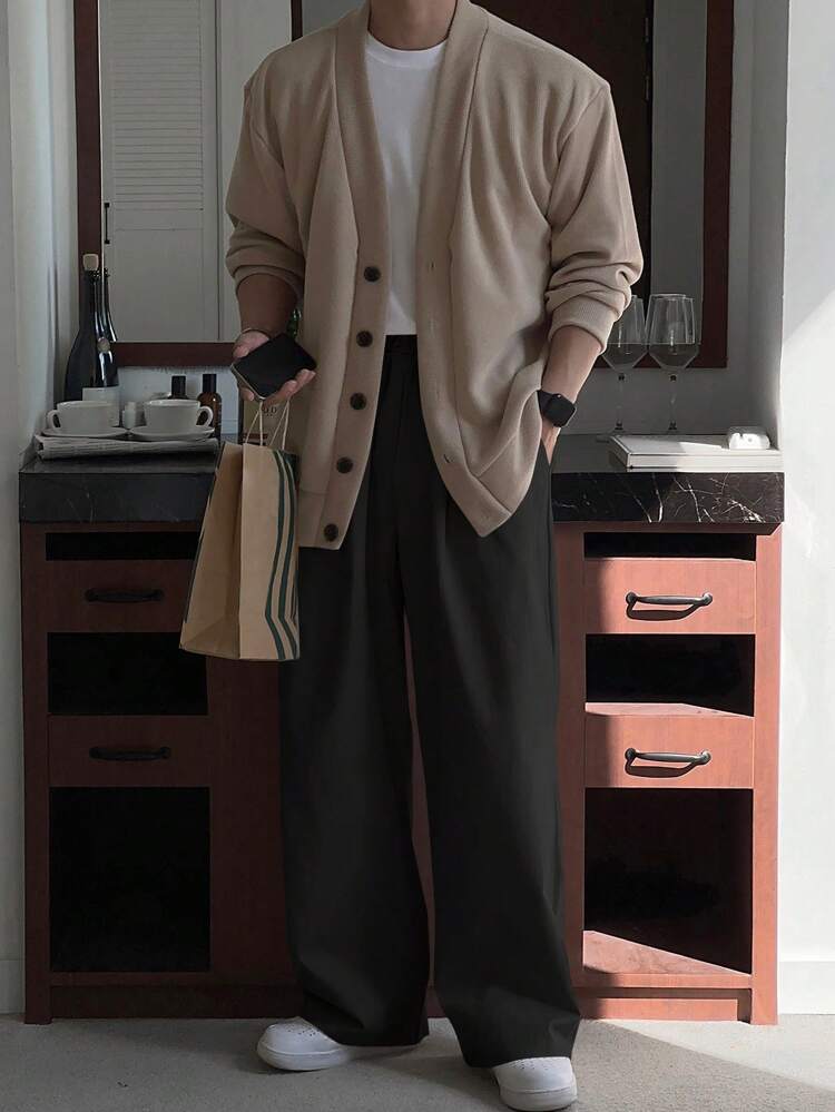 Spring Solid Black Wide Leg Loose Casual Pants For Men, Fall