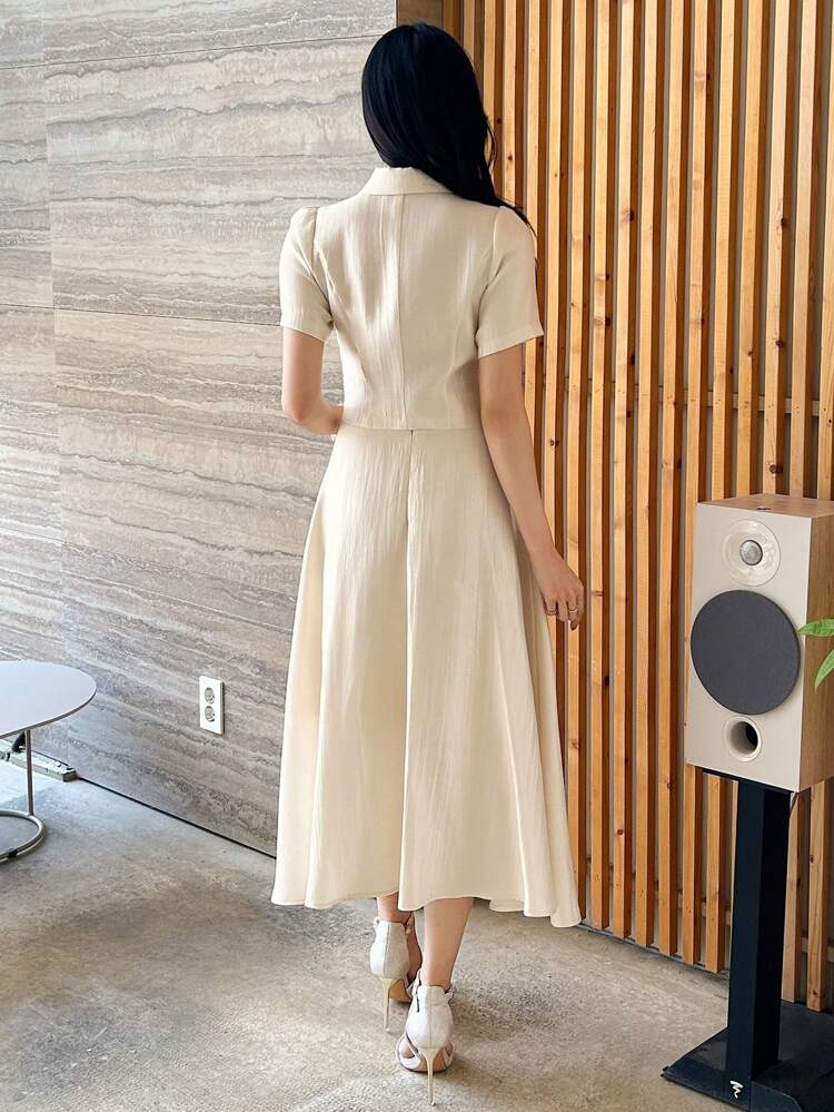 2pcs/Set Women's Solid Color Puff Sleeve Blouse And Skirt Set