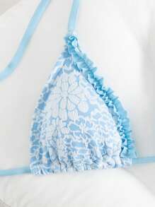 SHEIN Swim 2pcs/Set Women's Casual Vacation Ditsy Floral Textured Jacquard Fabric Frill Trim Regular Fit Bikini For Summer - Blue - View 1