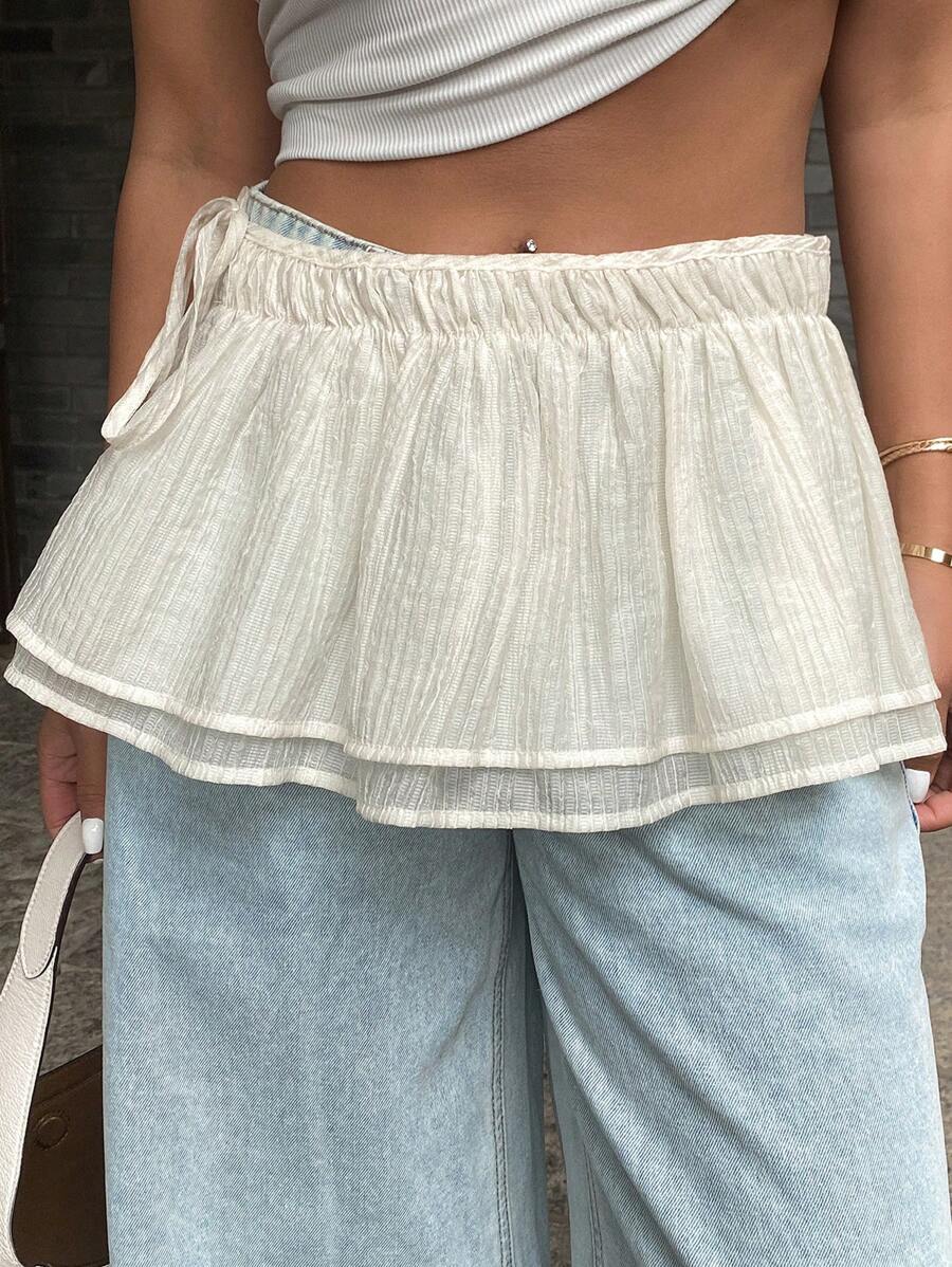 DAZY Solid Color Ruffled Hem Casual Summer Tie-Up Women Skirt - White - View 1