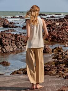 SHEIN LUNE 2 pezzi Set di canotta con scollo tondo e pantaloni lunghi casual e da ufficio per donne - Cachi - Visualizzare 2