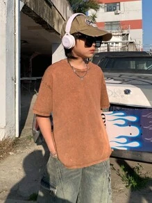 SHEIN 青少年男童时尚休闲 Y2k 卡其色舒适棉质牛仔短袖小圆领T恤上衣，适合儿童日常穿着，柔软舒适，也适合儿童春夏穿着。 - 卡其色 - 查看 4