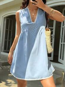 Flirla Abito corto casual da donna con scollo a V in pizzo a contrasto, senza maniche