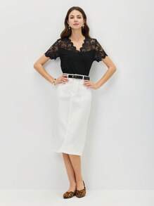 Miaspire Contrast Lace Scallop Trim Tee - Black - View 5