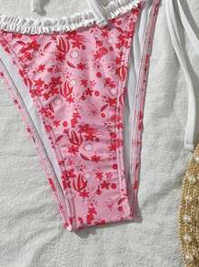 SHEIN Swim Women Summer Beach Vacation Sweet Lovely Random Printed White Frill Tie Bikini Set - Multicolor - View 6