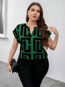 SHEIN Clasi 加大码女式优雅几何印花衬衫，适合专业人士和教师 - 墨綠色 - 查看 6
