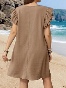 EMERY ROSE Plus Size Casual Solid Color Cap Sleeve Dress - Khaki - View 2