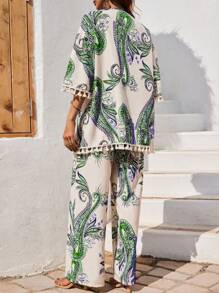 Breezaya 2 pezzi/set Donna Vacanza Stampa floreale di anacardi Kimono con nappe a 3/4 maniche e pantaloni, completo casual