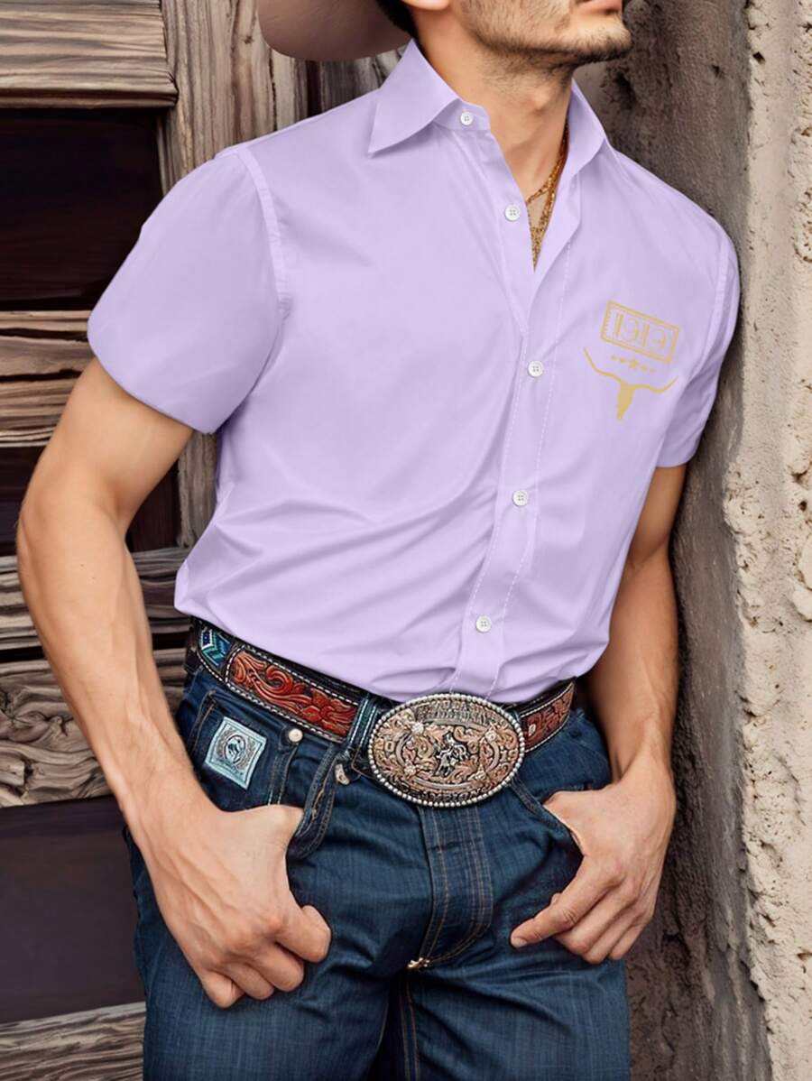 Manfinity Homme Camisa de vestir occidental de manga corta para hombres con bordado de letras y toro de solapa sencilla