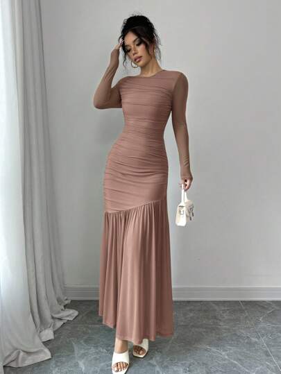 Firerie Vestido de manga larga con cuello redondo y malla, adecuado para usar en otoño, atuendo de regreso a la escuela, ropa para maestras