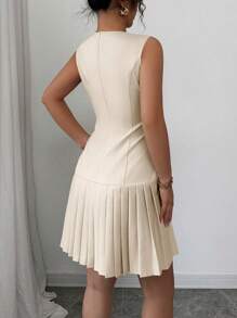 Elenzga Đầm không tay thắt nơ nhún eo phong cách Pháp thanh lịch đa năng - Màu be - Xem 2