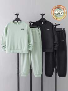 SHEIN Leap Crew 4pcs/Set Tween Boys' Casual Graphic Letter Patched Crew Neck Sweatshirt And Drawstring Pants Knit Outfits, Assorted Colors - Green - View 1