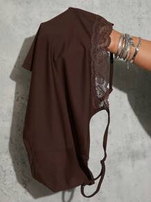 SHEIN SXY Plus Size Women 2Pcs Set Solid Color Casual Versatile Lace Patchwork Spaghetti Strap Tank Top & Shorts Sets, Suitable For Everyday Wear - Brown - View 9