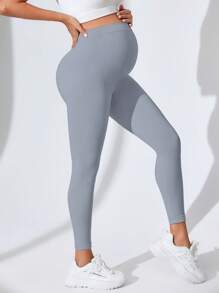 SHEIN 孕妇高腰无缝瑜伽紧身裤，纯色 - 灰色 - 查看 4