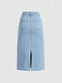SHEIN Girlism Teens'/Young Girls' Pocketed Long Casual Versatile Straight Denim Skirt