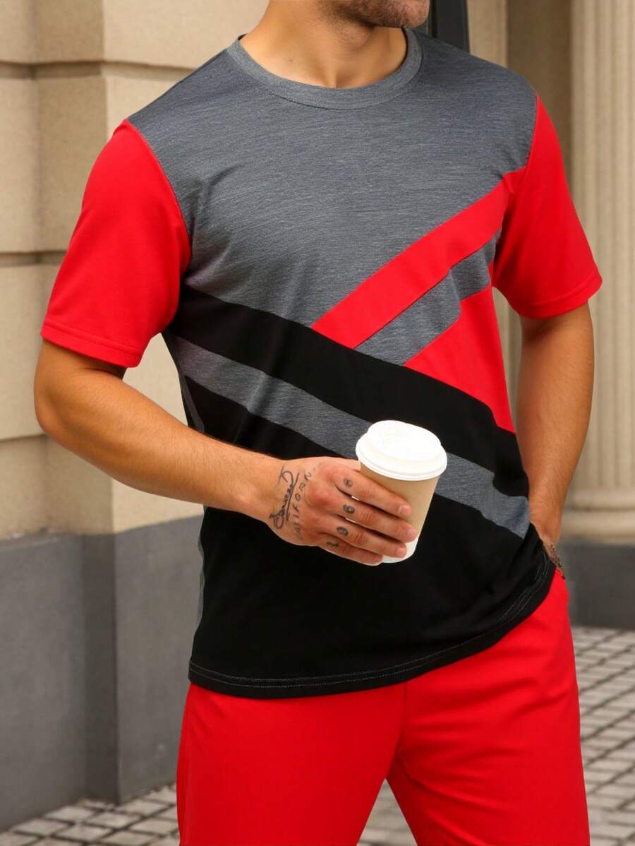 Manfinity Homme 2pcs Men's Set: Round Neck Short Sleeve T-Shirt And Drawstring Long Pants Red And Black,Summer,Casual,Vacation Jogger Outfit Jogging Sets For Men - Red - View 1