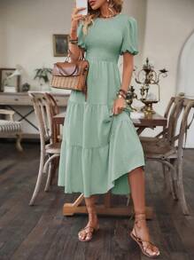 Breezaya Puff Sleeve Ruffle Hem Dress Maxi Vacation Beach Outfits Women