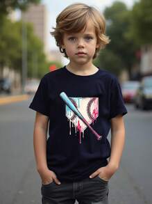 Camiseta deportiva roja de manga corta y cuello redondo con estampado de béisbol para niño