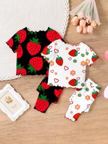 SHEIN 4pcs Baby Girls' Ruffled Strawberry Pattern Contrast Color Pajamas, Multi-Pack, Suitable For Summer - Multicolor - View 2