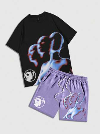 2pcs Men's Casual Portrait Graphic Crew Neck Short Sleeve Top & Shorts Set, Summer