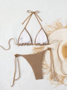 SHEIN Swim Summer Beach Vacation Women's Grid Fabric Shell Sequin Decor Halter Neck Tie Side Bikini Set