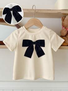 SHEIN Leap Crew Baby Girl Casual Simple Embroidered Bow Short Sleeve Top, Suitable For Summer - Beige - View 2