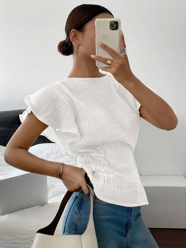 Siren Gaze Women's Summer Solid Color Textured Cinched Waist Shirt