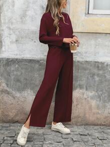 SHEIN Essnce Women Casual Commuting Solid Color Jacket & Pants 2 Pieces Set - Burgundy - View 3