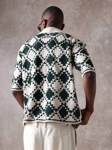 SUMWON Luxury Designer Crochet Polo Sweater Retro Diamond Pattern Knit Collared Pullover Golf Classic Tennis Club House Style Preppy Spring Autumn - Black and White - View 2