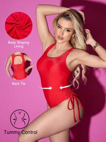 SHEIN Swim Costume da bagno intero con controllo pancia, in rosso, modellante per la vita, costumi da bagno snellenti da donna, nuovo per la primavera/estate, adatto per la spiaggia e le vacanze - Rosso - Visualizzare 2