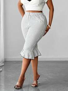 SHEIN Elenzya Plus Size Women Elastic Waist Striped Ruffle Hem Capri Pants - White - View 4
