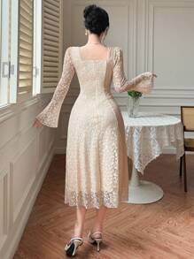 DAZY Vestido de mujer con cuello de encaje y mangas acampanadas, vestido largo de manga larga para otoño, vestido de lujo para baile de graduación, vestido largo - Beis - Ver 2