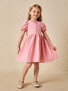 SHEIN Young Girls Elegant Pink Bow Decor Loose Dress For Spring/Summer - Pink - View 2