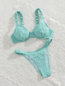 Swim Mod Springbreak 2pcs Women Beach Vacation Outfits, Solid Color Floral Print Ruched Thick Strap Cute Bikini Set For Summer - Green - View 5