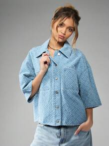 MISSGUIDED Giacca camicia oversize in denim con trapuntatura, chiusura con bottoni, colletto, in colore blu chiaro, adatta per la stagione invernale e primaverile, casual, da strada