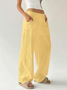 Easelle Pantalones rectos de cintura baja, sueltos y de color liso