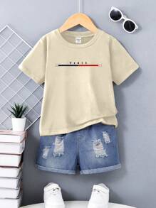 SHEIN 2 件套男孩定制 T 恤和牛仔短裤