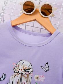 Young Girls Portrait Print Matched With Layered Floral Cake Skirt 2 Pieces Set, Suitable For Casual, Wedding Season, Outdoor Picnic Occasions - Purple - View 6