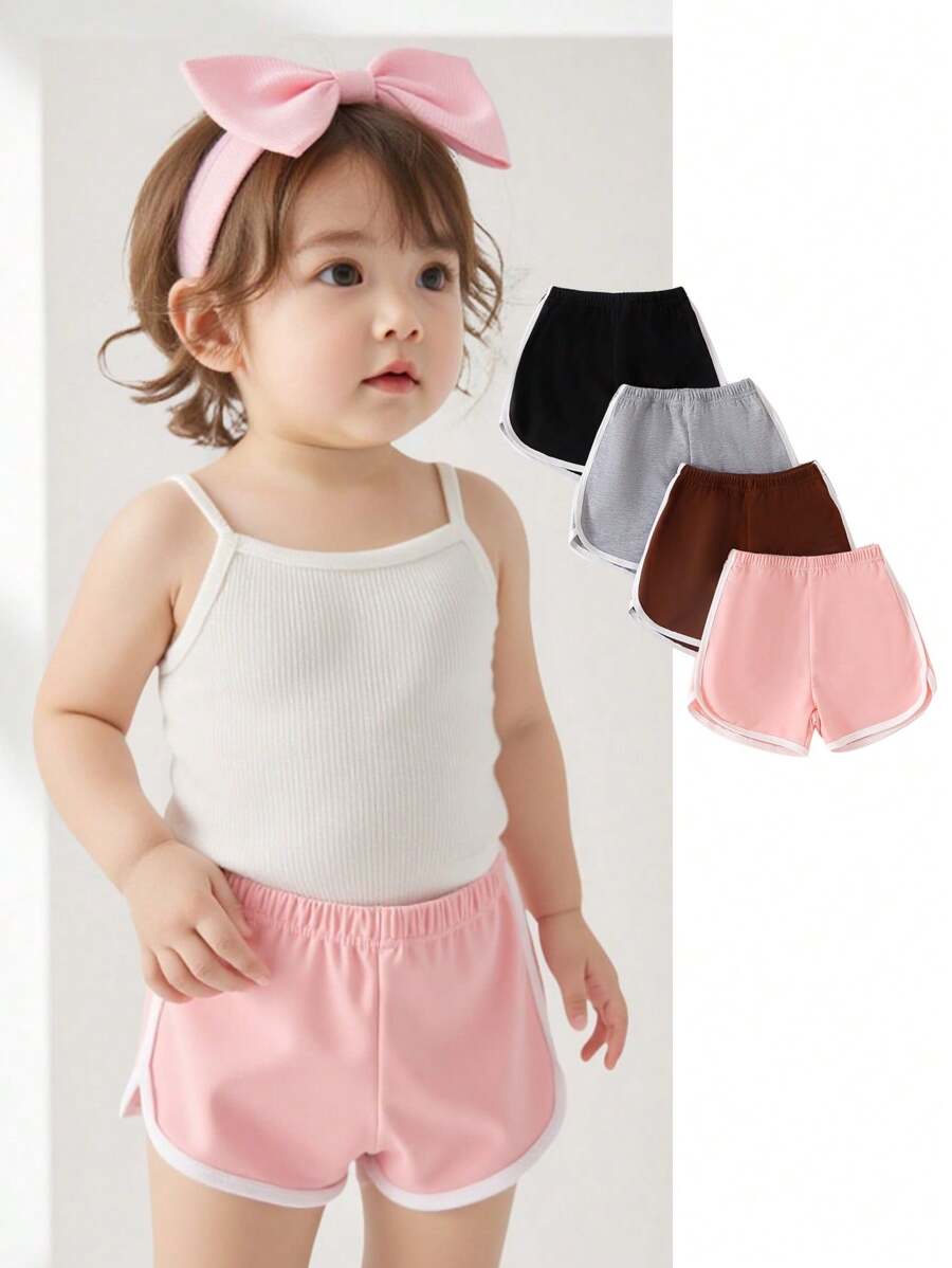 5pcs/Pack Baby Girl Elastic Waist Contrasting Trim Casual Shorts, Summer - Multicolor - View 1
