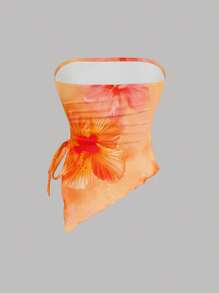 SHEIN MOD Casual Asymmetrical Hem Floral Print Cropped Tank Top For Women, Suitable For Holiday And Summer, Pintue Flower Pattern,Tube Top Suitable For Going Out