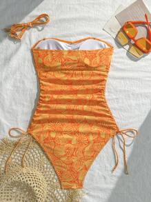 Swim Vcay Women's Casual Beach Holiday Orange Random Print Drawstring Adjustable Strap One-Piece Swimsuit - Orange - View 4