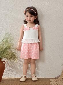 Blossori Baby Girl Elegant French Style White Top & Pink Polka Dot Shorts 2 Pieces Set, Spring/Summer - Multicolor - View 1