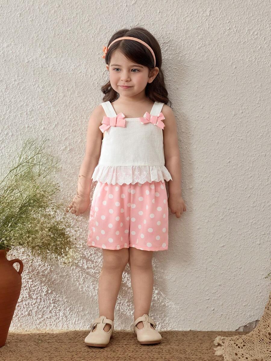 Blossori Baby Girl Elegant French Style White Top & Pink Polka Dot Shorts 2 Pieces Set, Spring/Summer - Multicolor - View 1