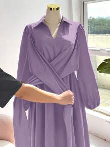 Sweetra 大码女式优雅交叉系带蝴蝶结设计连衣裙、圣诞派对装、长袖新年服装长款女装 - 紫色 - 查看 4