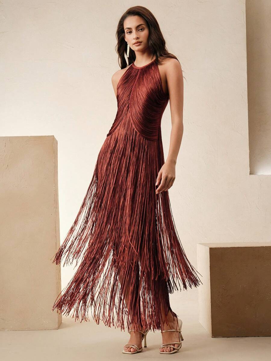 Anewsta Elegant Vintage Bohemian Fringe Maxi Dress, Suitable For Spring/Summer, Holidays, Festivals, Beaches, Parties, Easter