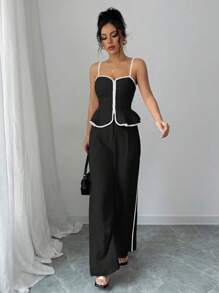 Elenzga 2pcs/Set Women Elegant Trim Contrast Color Cami Top And Long Pants - Multicolor - View 3