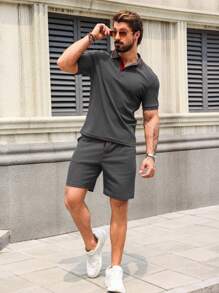 Manfinity Homme Men Summer Casual Simple T-Shirt And Shorts Set - Dark Grey - View 4