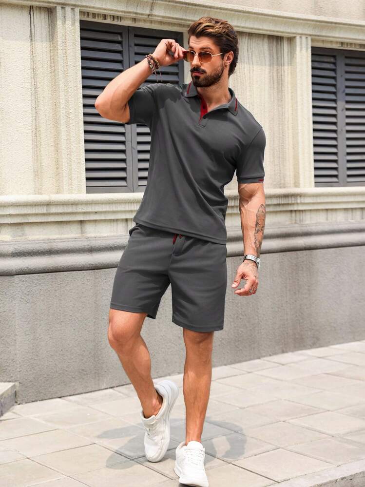 Manfinity Homme Conjunto casual de verano de camiseta y pantalones cortos para hombre - Gris Oscuro - Añade 4