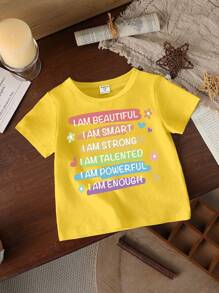 1件年輕女孩可愛口號印花短袖T恤 - 黃色 - 查看 3